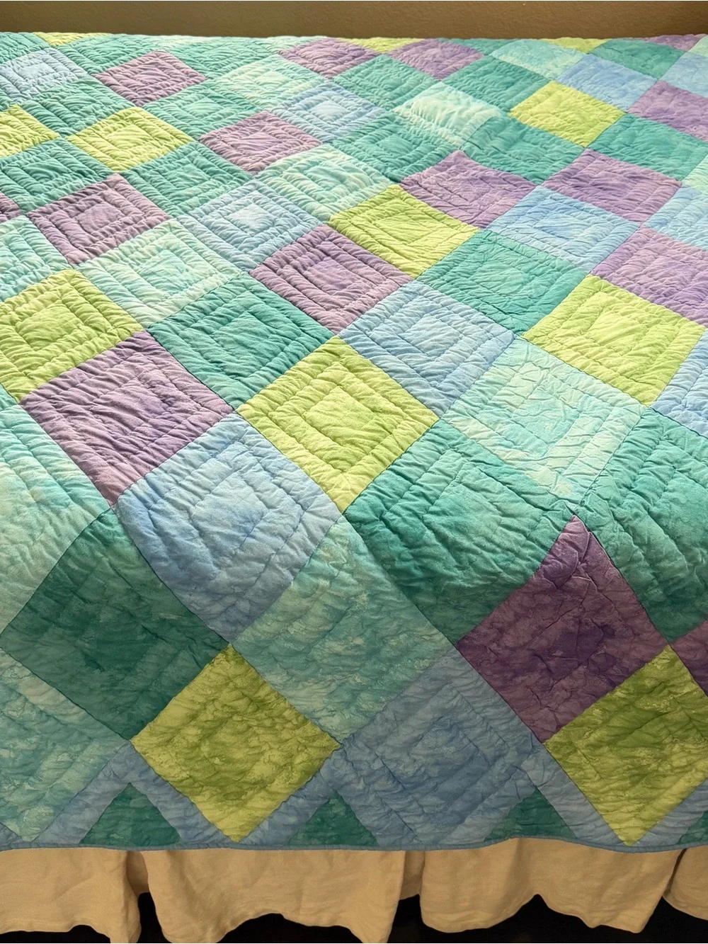 Vintage Pastel Patchwork Cotton  Queen Quilt – 85” x 90”